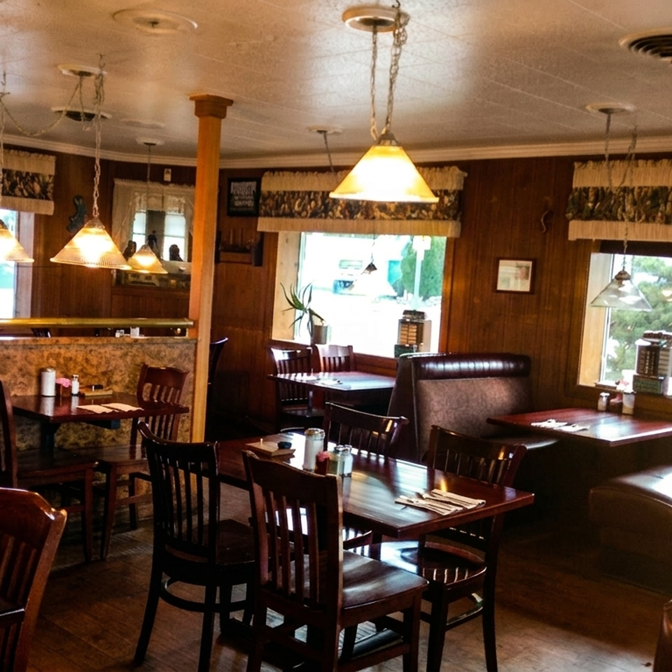 Cozy restaurant interior with wooden tables, chairs, booths, and pendant lights, seen through large windows.