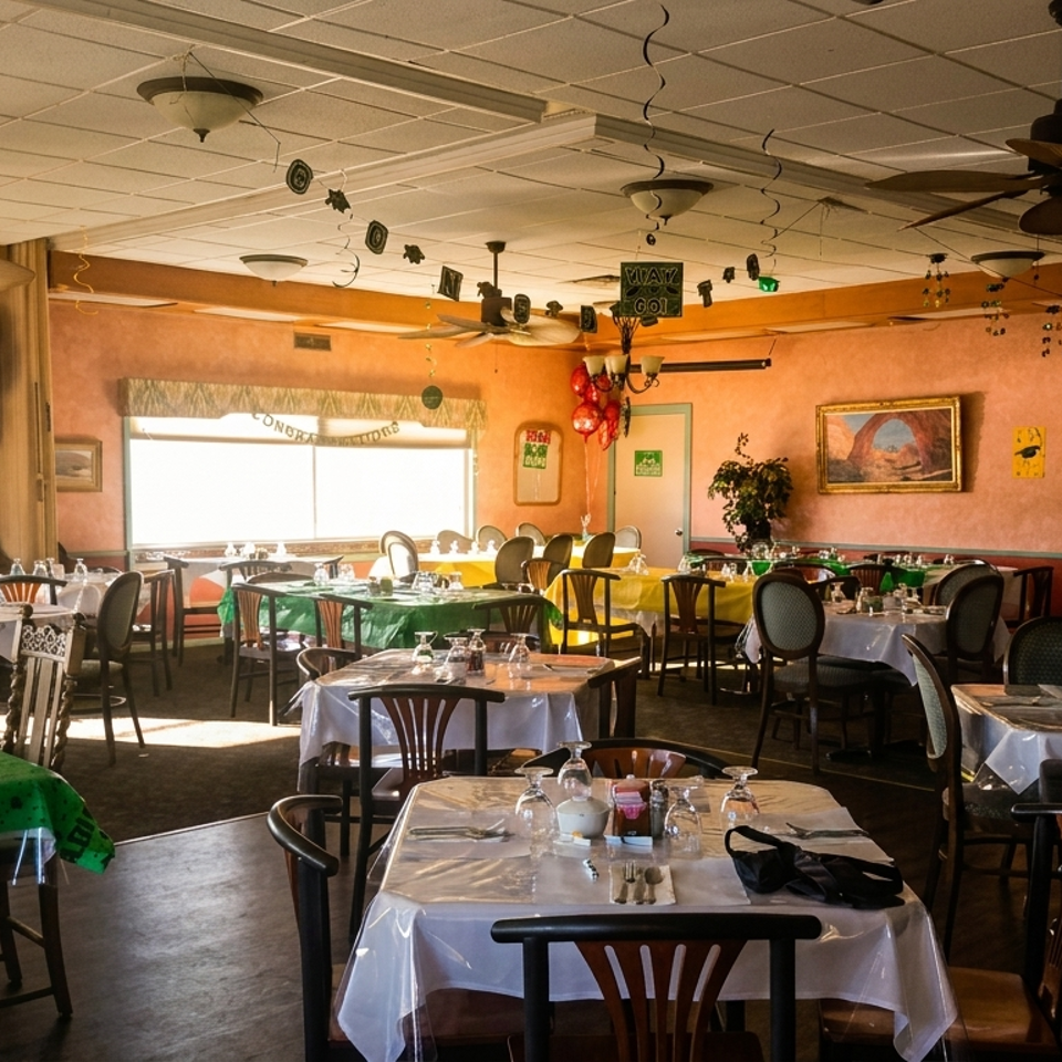 A restaurant dining room with tables set for a celebration, featuring green, yellow, and white tablecloths.