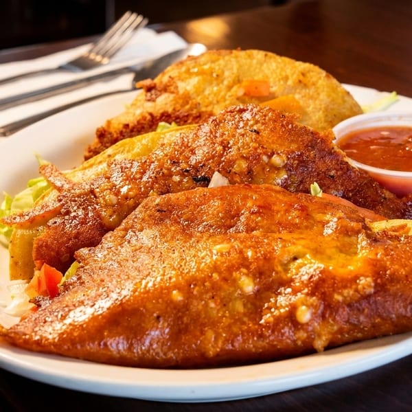 Three crispy tacos with lettuce, tomato, and a side of salsa on a white plate.