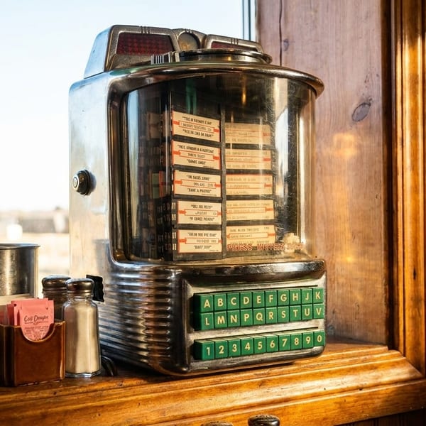 A vintage tabletop jukebox sits on a wooden window sill next to sugar and salt shakers.