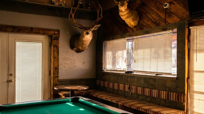 Rustic room with a pool table, mounted deer heads, wooden walls, and striped bench seating.